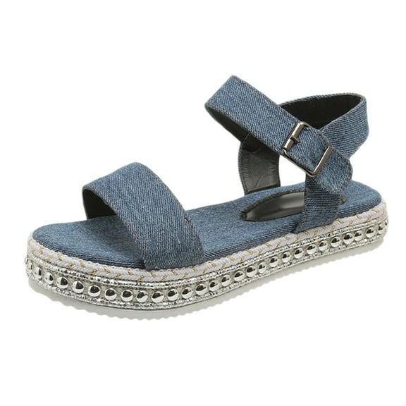 JDEFEG Women's Summer Fashion Denim One Buckle Sandals Open Toe Thick Bottom Sandals Womens Slide Sandals Blue Size 39