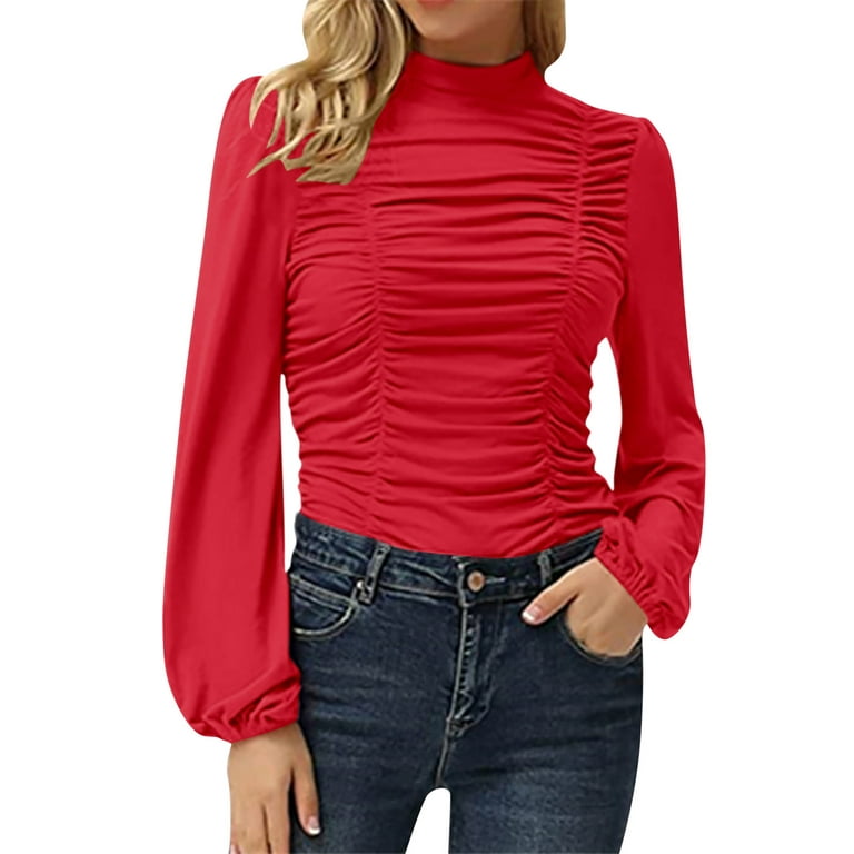 JDEFEG Womens Active Short Sleeve Womens Elegant Turtleneck Ruched Ruffle  Trim Long Sleeve Blouse Shirt Top Womens Chiffon Blouse Polyester,Spandex  Red M 