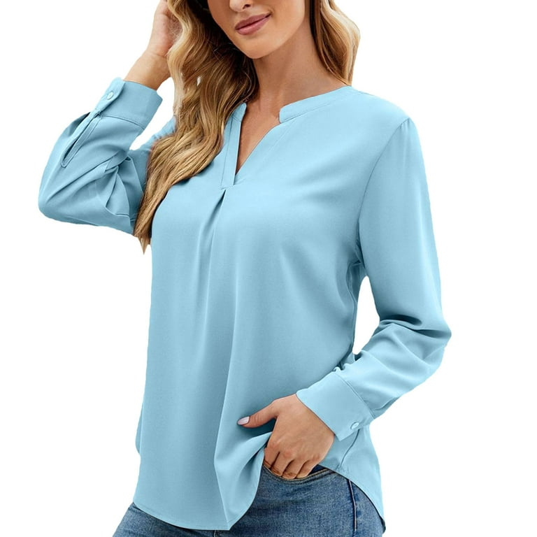 JDEFEG Womens Band T Shirts Women Solid Color Shirt Loose Casual V Neck  Pullover Long Sleeve Top Shirt New Directions Shirts for Women Polyester  Fiber Sky Blue Xl 