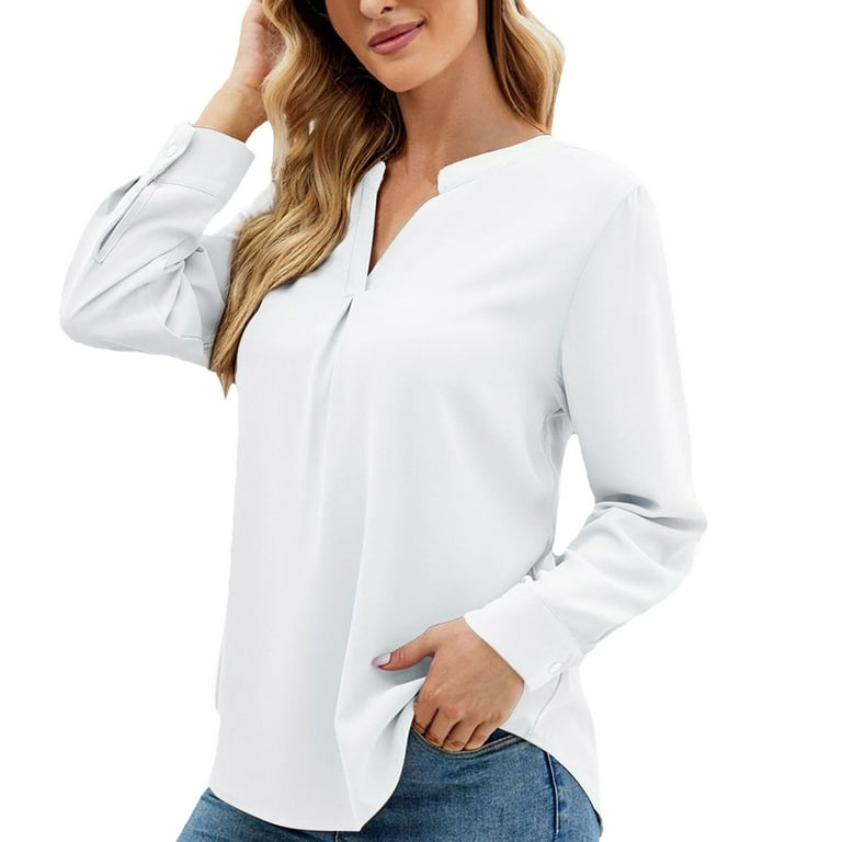 JDEFEG Womens Band T Shirts Women Solid Color Shirt Loose Casual V Neck  Pullover Long Sleeve Top Shirt New Directions Shirts for Women Polyester  Fiber