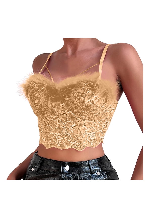 Womens Camisole Fashion Womens Sexy French Lace Fishbone Light Feather Tassel Pure Desire Small Vest Casual Tops for Women Khaki Size L