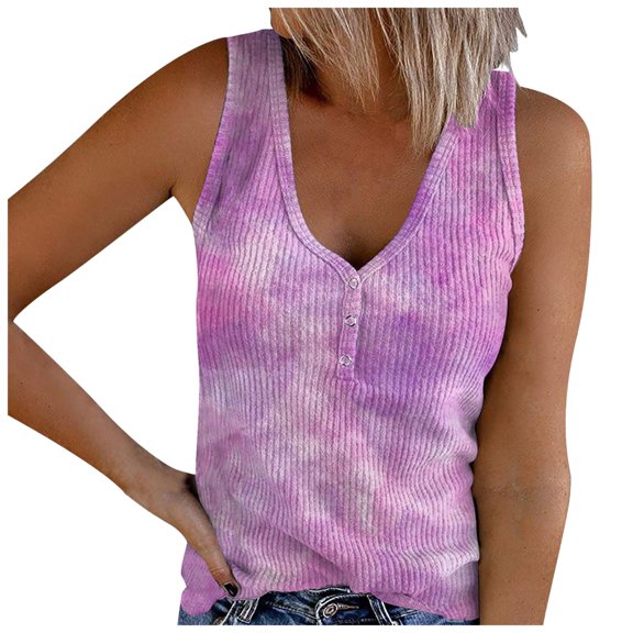 JDEFEG Womens Camisole Plus Size Womens V Neck Tank Tops Summer Sleeveless Ribbed Button Casual Holiday Shirts Floral Print Blouse Tees T Shirt Purple Size M