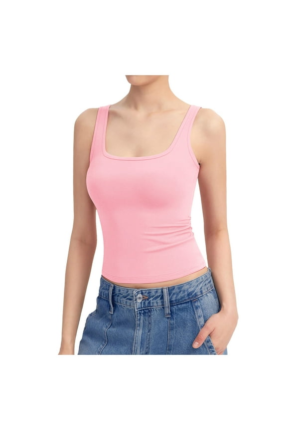 Womens Camisole Tank Tops Relaxed Fit Women's Square Neck Tank Top Sleeveless Double Lined Basic Tee Tops Workout Camisole Tops for Women Undershirts Pink Size Xxl