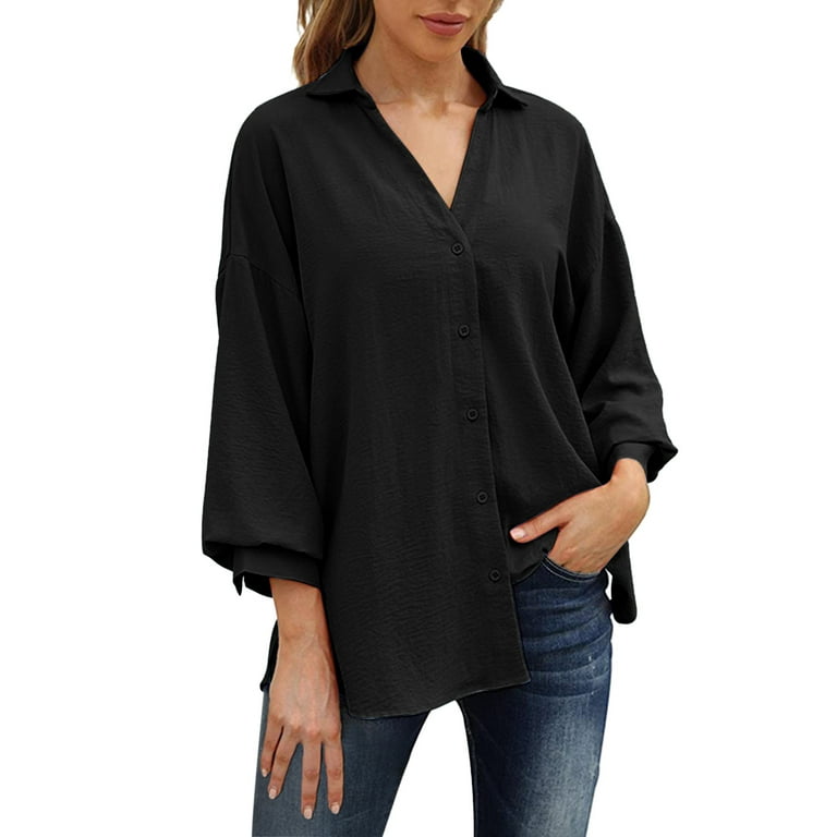 JDEFEG Womens Casual Work Tops Womens Summer Tops Bat Sleeve Lapel Tee  Shirt Solid Color Casual Blouse Loose Shirts with Button Misses Tunic Tops  95% Polyester, 5% Spandex Black Xl 