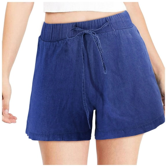 JDEFEG Womens Denim Shorts Casual Baggy Trendy Short Pants Elastic Waist Drawstring Comfy Shorts Elastic Waist Shorts Summer Pull on Short with Pockets Dark Blue Size S