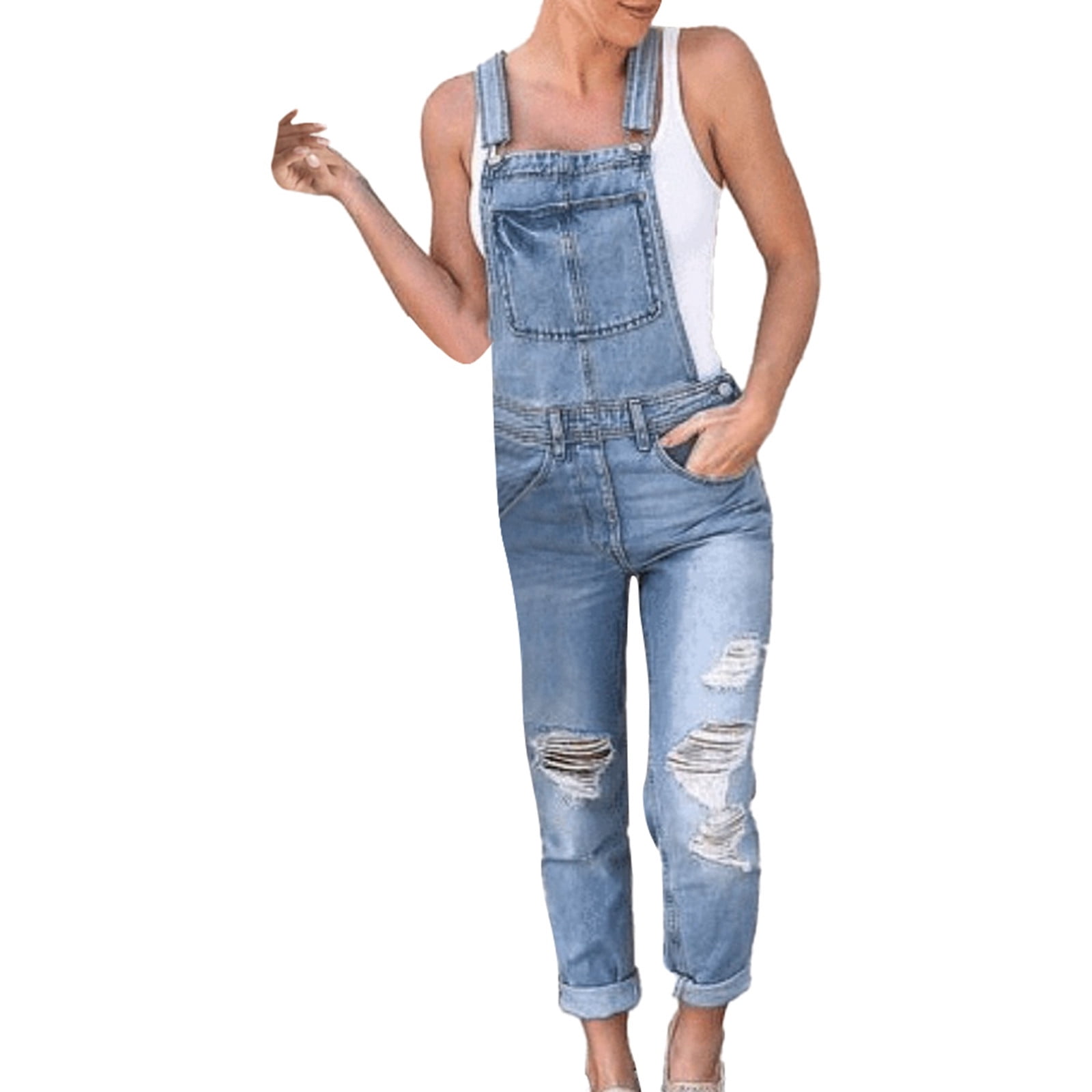 JDEFEG Womens Jumpsuit Distressed Stretch Denim Jumpsuit Skinny