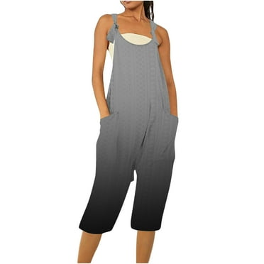 JDEFEG Womens Jumpsuit Womens Casual Summer Sleeveless Loose Gradient Printing Comfortable Strap Loose Jumpsuit Pocket Jumpsuit Grey Size L