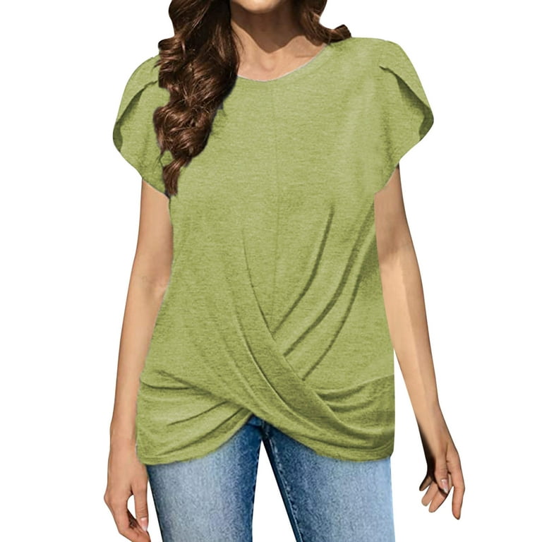 JDEFEG Womens Long Sleeve T Shirts Tops Neck Front Round Summer Petal Color  Solid Shirts Womens T Sleeve Screw Women's T-Shirts Ladies Cotton Shirts  Long Polyester,Spandex,Cotton Green Xxl 