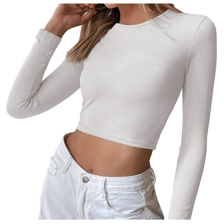 JDEFEG Womens Summer Shirts Loose Fit Womens Backless Casual Cropped Slim  Long Sleeve T Shirt Top Womens Plus Size Winter Clothes White S 