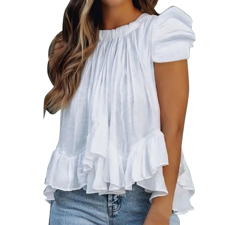 JDEFEG Womens Summer Tops Loose Fit Women Solid Short Sleeve Shirt Top  Ruffle Tail Blouse Shirt Elegant Loose Shirts Summer Flowy Tunic Top Women  Exercise Tops Polyester White Xl 