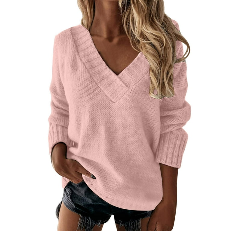 JDEFEG Womens Sweaters Lightweight Women Casual Loose Solid Color Long  Sleeve Fashion V Neck Pullover Sweater Small Women Sweater Pink Xl 