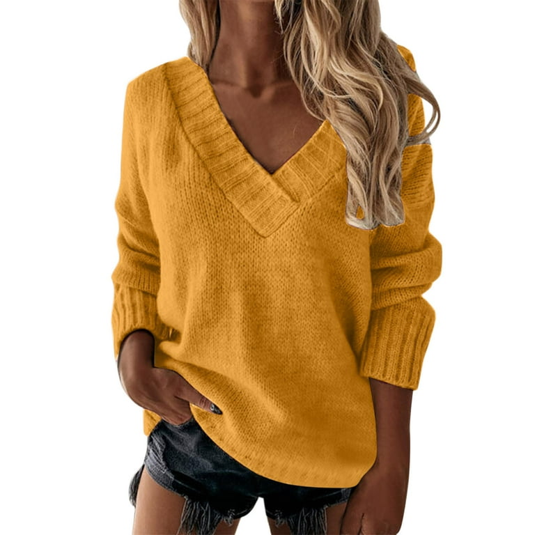 JDEFEG Womens Sweaters Lightweight Women Casual Loose Solid Color Long  Sleeve Fashion V Neck Pullover Sweater Small Women Sweater Yellow Xl 