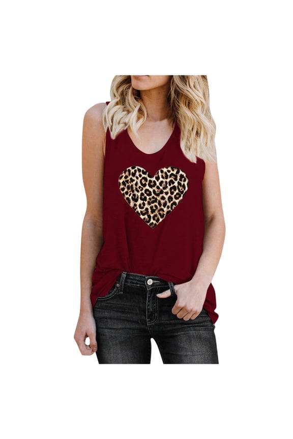 Womens Top Loose Fit Soft Sleeveless Print Tank Women Leopard Casual Comfortable Heart Loose Tops Women's Tanks & Camis Girl Tote Ployester S