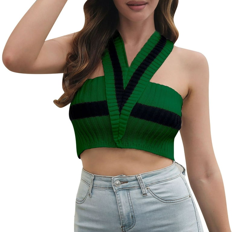 JDEFEG Womens Tops Women's V Neck Stripes Outside Wearing A Sweater with A  Super Short Neck Vest Girl Band Lingerie for Women Womens Pajama Sets  Polyester Green S 