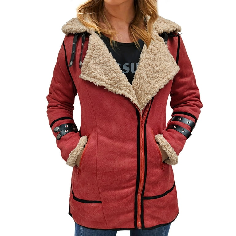 JDEFEG Womens Western Fashion Men Plus Size Winter Coat Lapel Collar Long  Sleeve Padded Leather Jacket Vintage Thicken Coat Sheepskin Jacket Women S  Vests Red XXL 