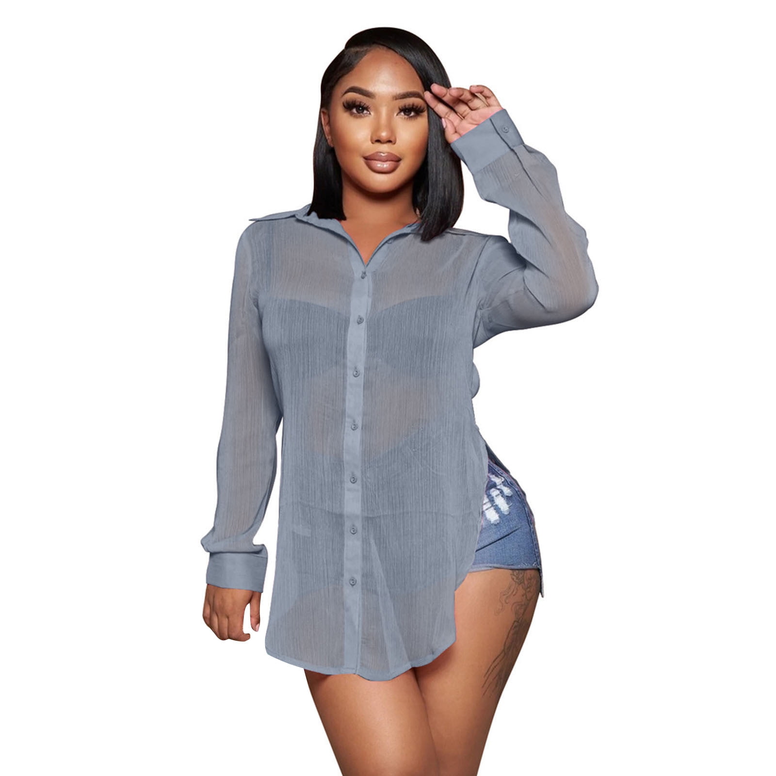 JDEFEG Womens Workout Shirts Womens Casual Blouses Long Sleeve Shirts See  Through Lapel Open Chiffon Beach Cover Up Button Short Sleeve for Women  Grey