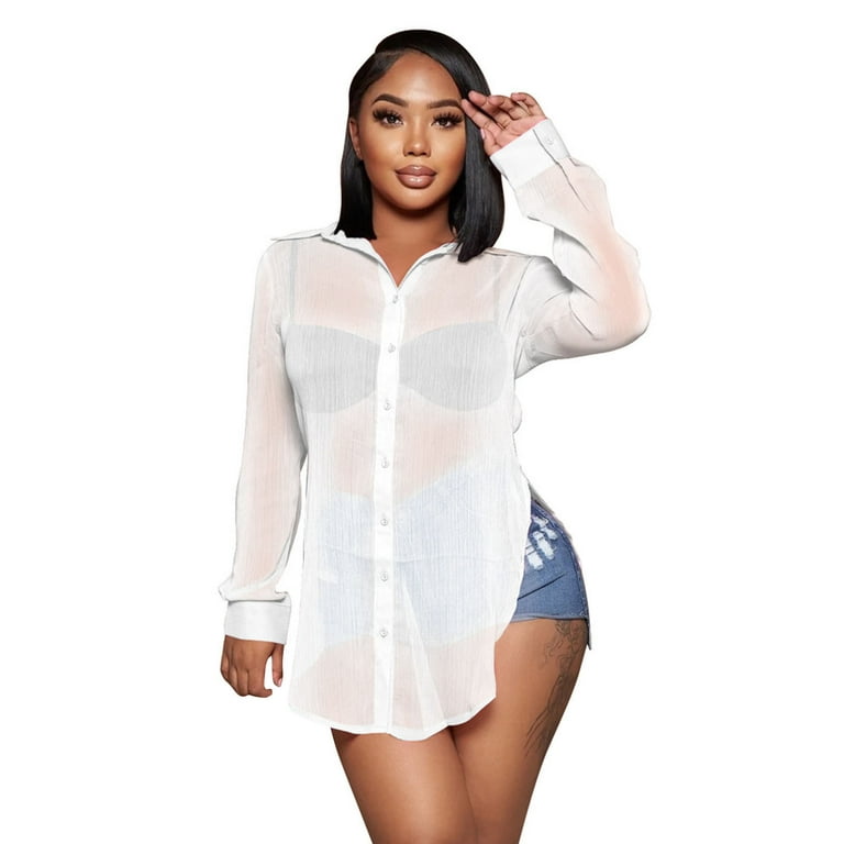 JDEFEG Womens Workout Shirts Womens Casual Blouses Long Sleeve Shirts See  Through Lapel Open Chiffon Beach Cover Up Button Short Sleeve for Women