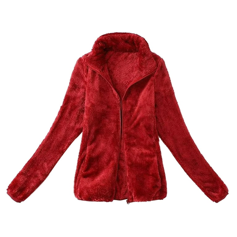 JDEFEG Womens Zip Up Sweater Women Plush Coat Zipper Warm Candy Colored  Furred Coat with Standing Collar Smog Jacket Winter Coats for Women  Polyester Red Xl 