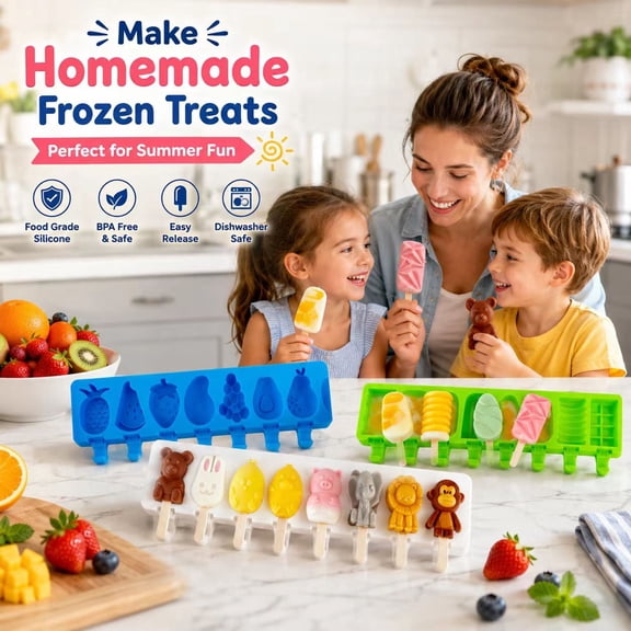 JDH Silicone Fruit-Shaped Silicone Popsicle Molds, 8 Cavities Ice Pop Maker, BPA-Free Easy Release Ice Cream Molds for Kids, DIY Summer Frozen Treats1pc, Green)