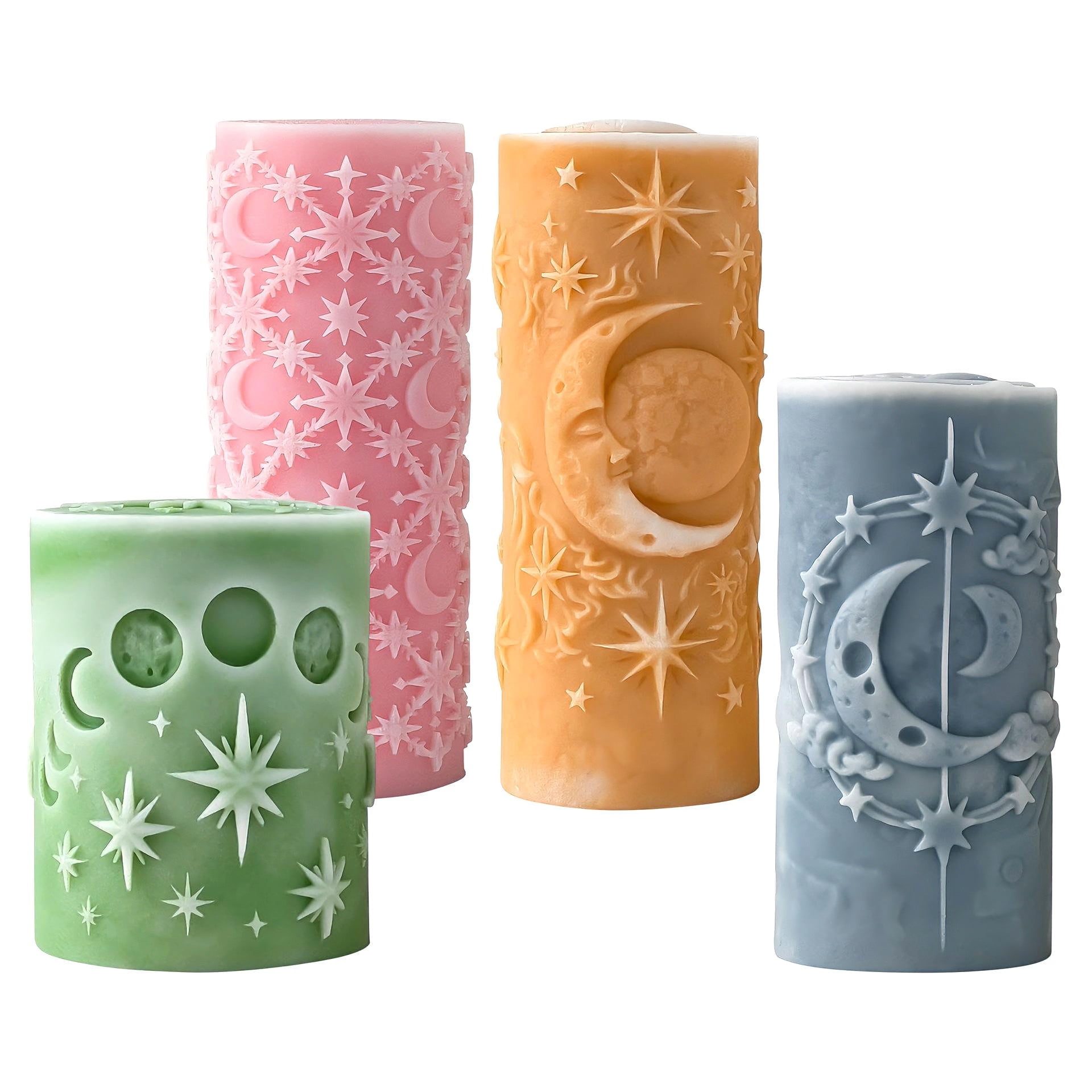 JDH Silicone Moon & Star Cylinder Candle Silicone Molds, 2Pcs 3D Celestial Pillar Candle Moulds for DIY Scented Candle, Soap, Resin, Plaster Casting