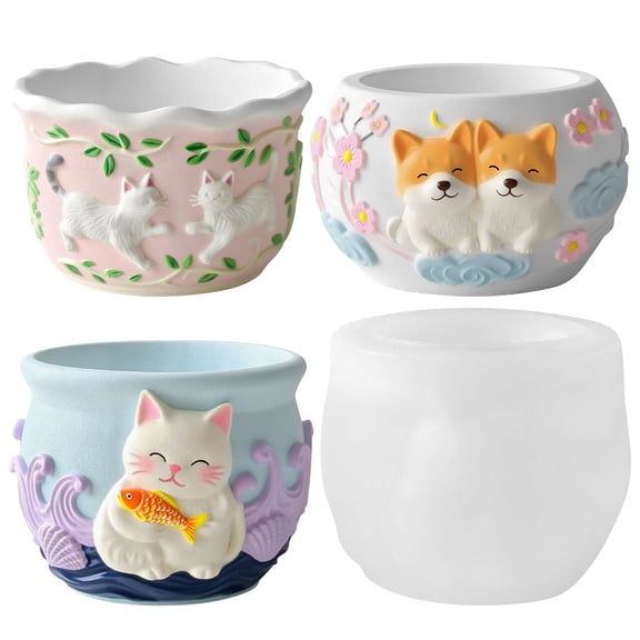 JDH Silicone Kitten Flower Pot Silicone Mold for Resin, Cement, Plaster, DIY Craft Mold