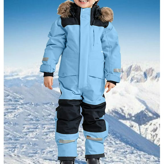 JDHUFEI Kids Winter Snow Suit Waterproof Hooded One Piece Snowsuit with Reflective Strips