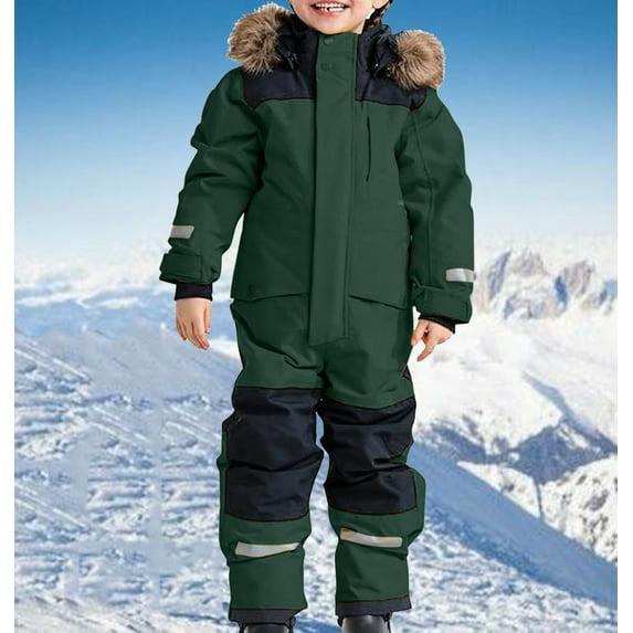 JDHUFEI Kids Winter Snow Suit Waterproof Hooded One Piece Snowsuit with Reflective Strips