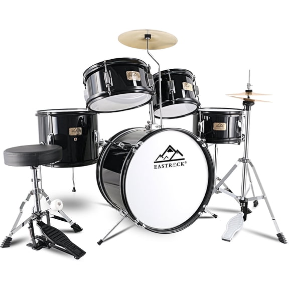 EASTROCK Kids Drum Set 5-Piece, 16 Inch Junior Drum Kit with Adjustable Throne, Crash Cymbal, Hi-Hat, Bass Drum Pedal & Drumsticks for Beginners(Black)