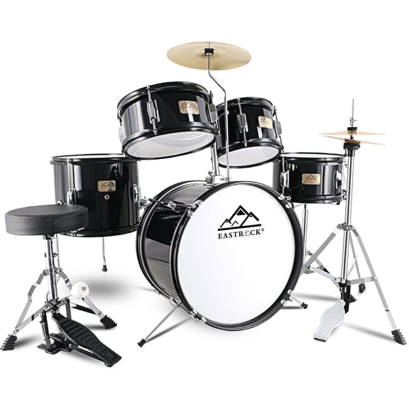 EASTROCK 5-Piece Junior Drum Set - 16 Inch Kids Drum Kit with Throne, Cymbal, Pedal & Sticks for Teenagers (Black)