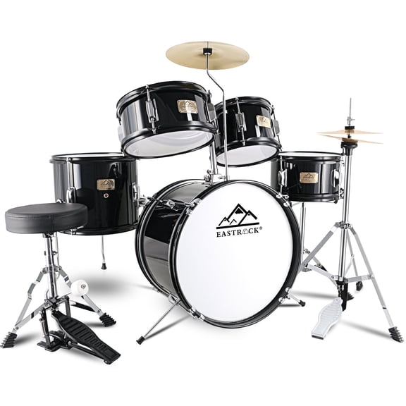 EASTROCK 5-Piece Junior Drum Set - 16 inch Kids Drum Kit with Throne, Cymbal, Pedal & Sticks for Teenagers (Black)
