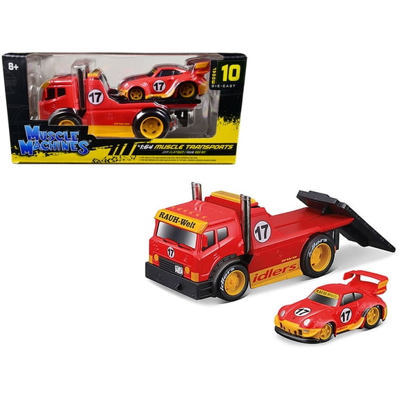 JDM Flatbed Truck #17 Red "RAUH-Welt BEGRIFF" and Porsche RWB 911 993 #17 Red "Muscle Transports" Series 1 64 Diecast Model Cars by Muscle Machines