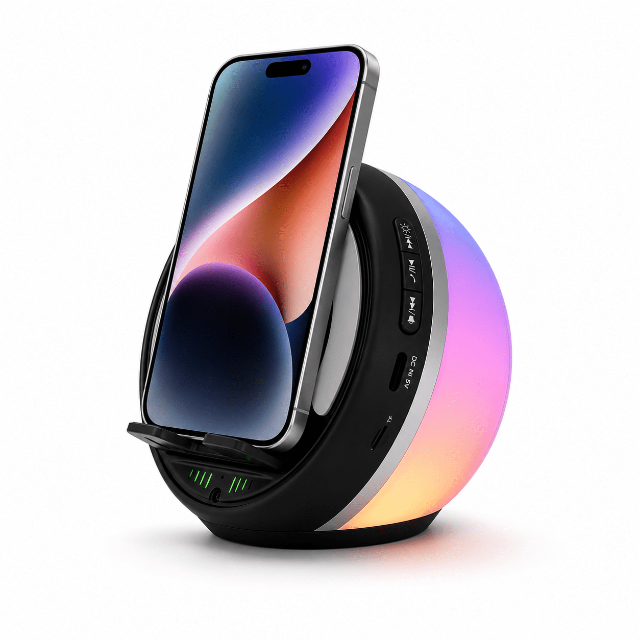 JDMEOPD 5-in-1 Induction Speaker Phone Stand with RGB Night Light, Rechargeable Bluetooth Desk Speaker, Gift for Men Women