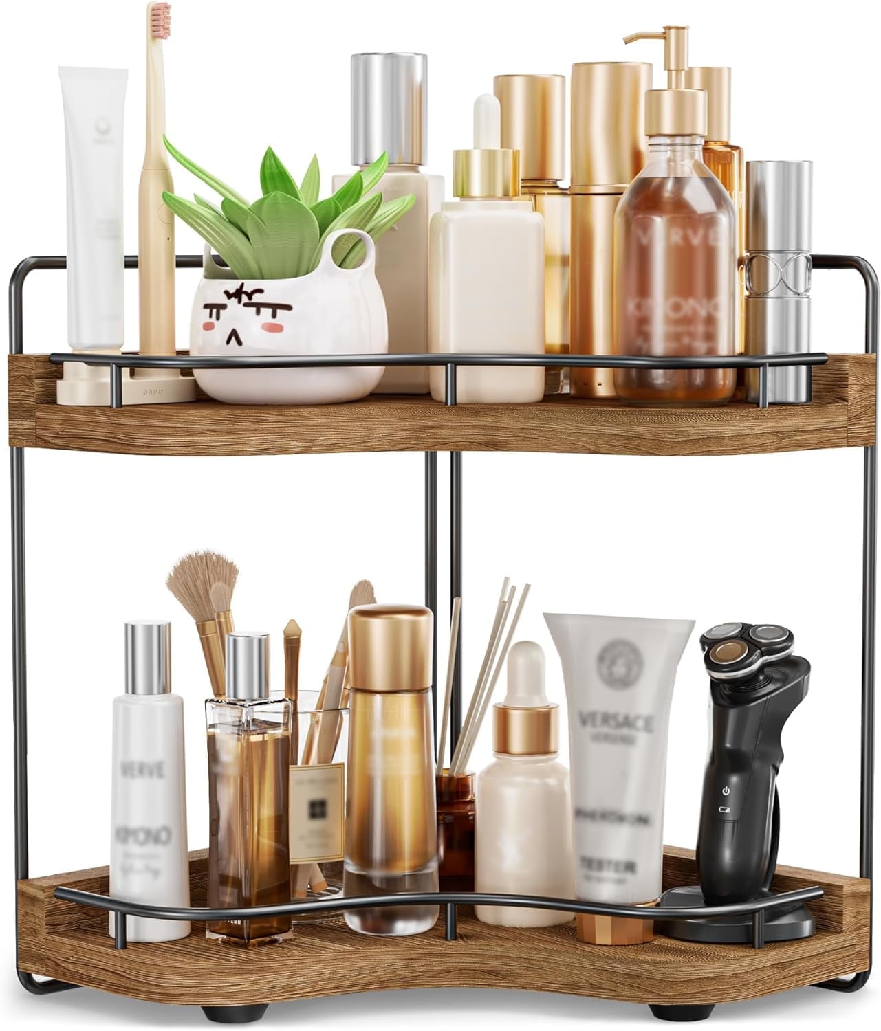 JDNRXO 2-Tier Corner Bathroom Counter Organizer with Embedded Screw Holes, Secure & Stable Wood Vanity Shelf for Makeup and Skincare Essentials - Space Saving Bathroom Countertop Storage