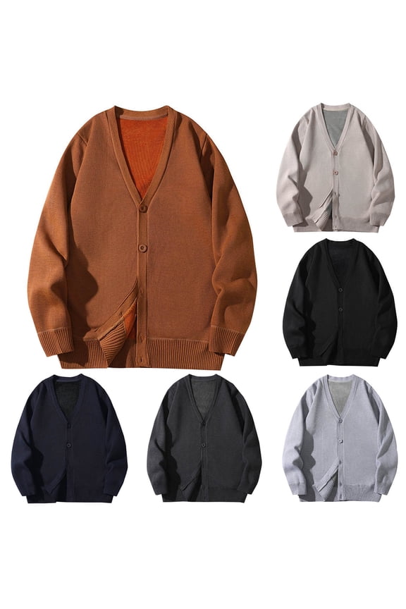 JDQJBZ Mens Winter Coat,Jacket Fashion Solid Color Long Sleeve Breasted V Neck Casual Fleece Lined Warm Knitted Cardigan Coat