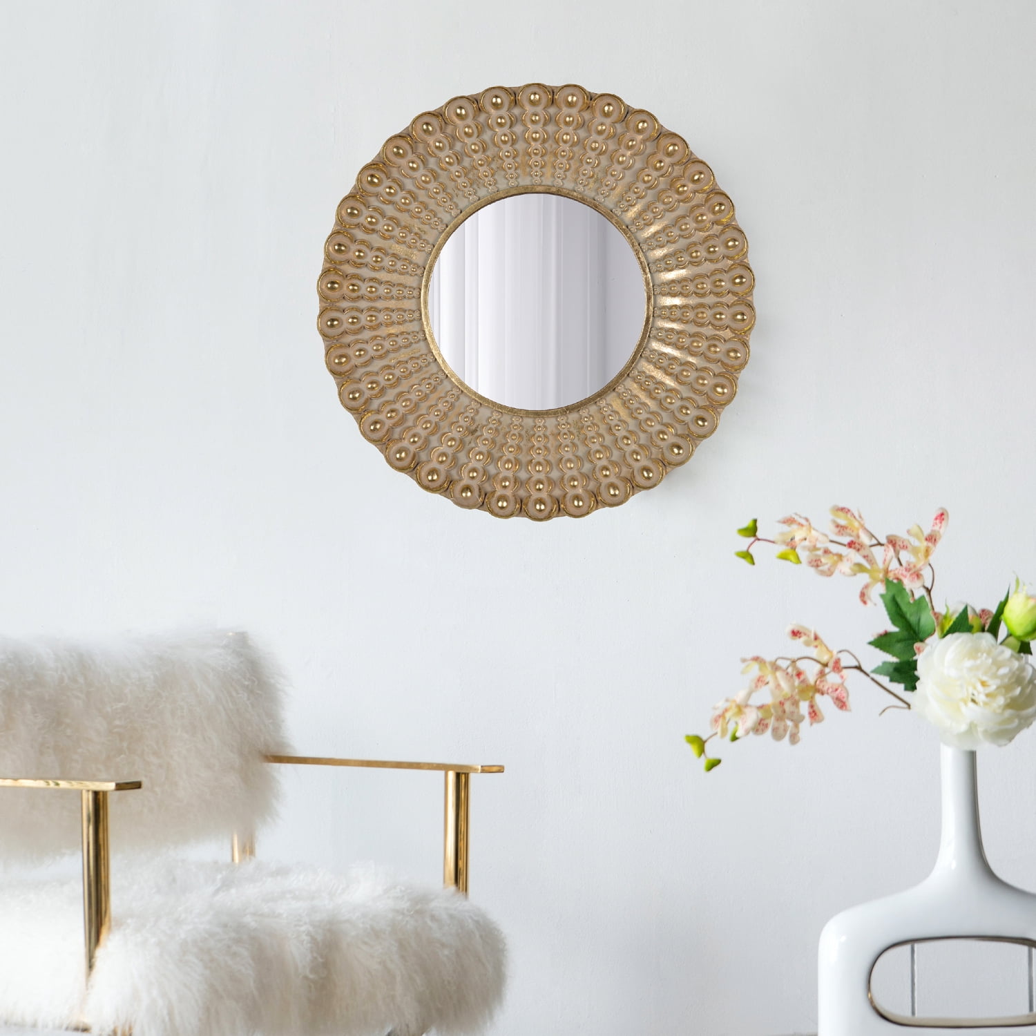 JDZDESIGN 14” Gold Beaded Sunburst Mirror Round Wall Mirror Room ...