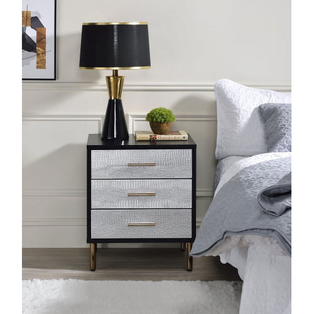 Black, Silver, and Gold 3-Drawer Faux Crocodile Nightstand
