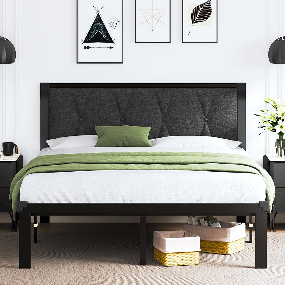 JDZHAPPYLIFE Full Size Metal Bed Frame with Fabric Button Tufted