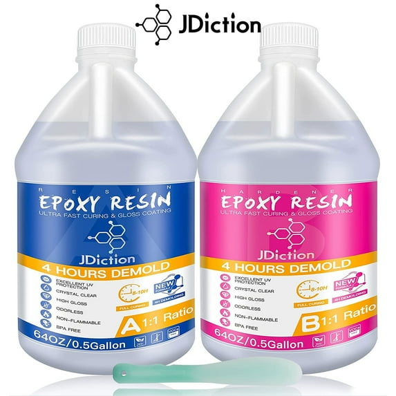 JDiction Epoxy Resin 1 Gallon Kit Clear Fast Curing-4 Hrs Demold, 8-10 Hrs Full Curing