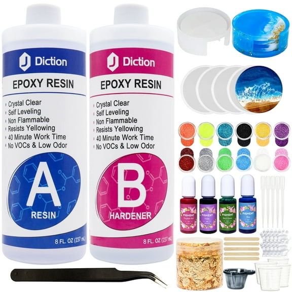 JDiction Epoxy Resin 16oz Resin Kit with Resin Coaster Molds and Holder, Resin Pigment, Guiltter, Gold Flakes