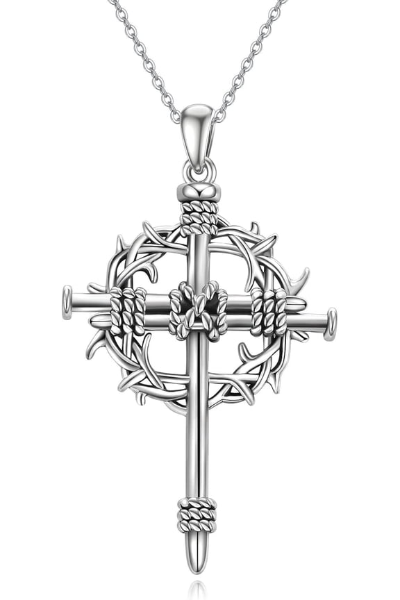 925 Sterling Silver Thorns Crucifix Cross Pendant Necklace for Men and Women - Perfect Religious Gift For Thanksgiving & Christmas