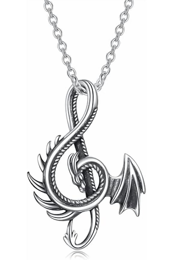 925 Sterling Silver Dragon Music Note Pendant Necklace - Vintage Jewelry Gift for Men & Women