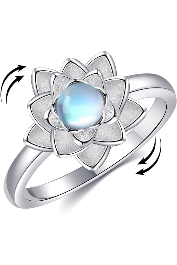 925 Sterling Silver Lotus Spinner Ring - Moonstone Anxiety Relief Jewelry, Size 9 Calming Gift for Her with Festive Glow