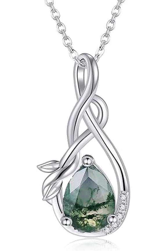 Moss Agate Sterling Silver Infinity Pendant Necklace - Teardrop Design, Green Gemstone Jewelry for Engagement & Wedding, Gift for Women