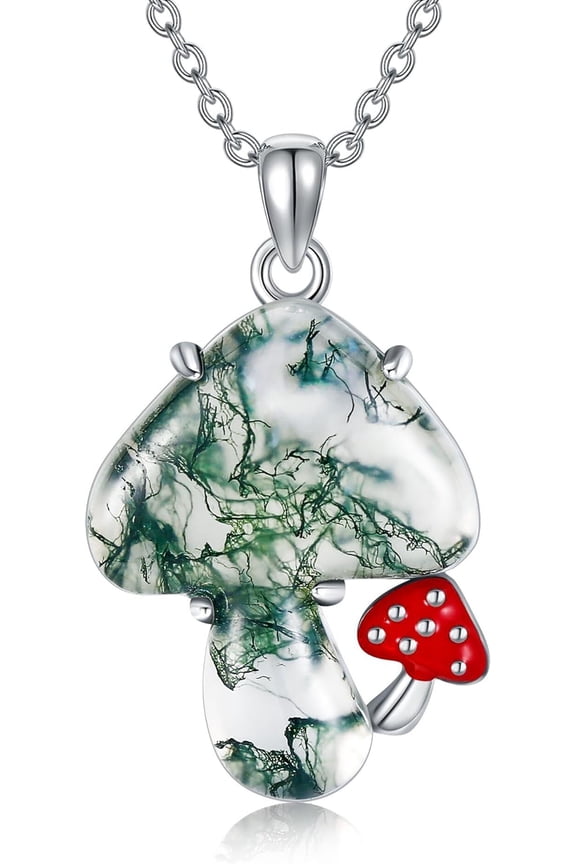 Sterling Silver Moss Agate Mushroom Pendant Necklace - Mothers Day Jewelry for Women & Mom
