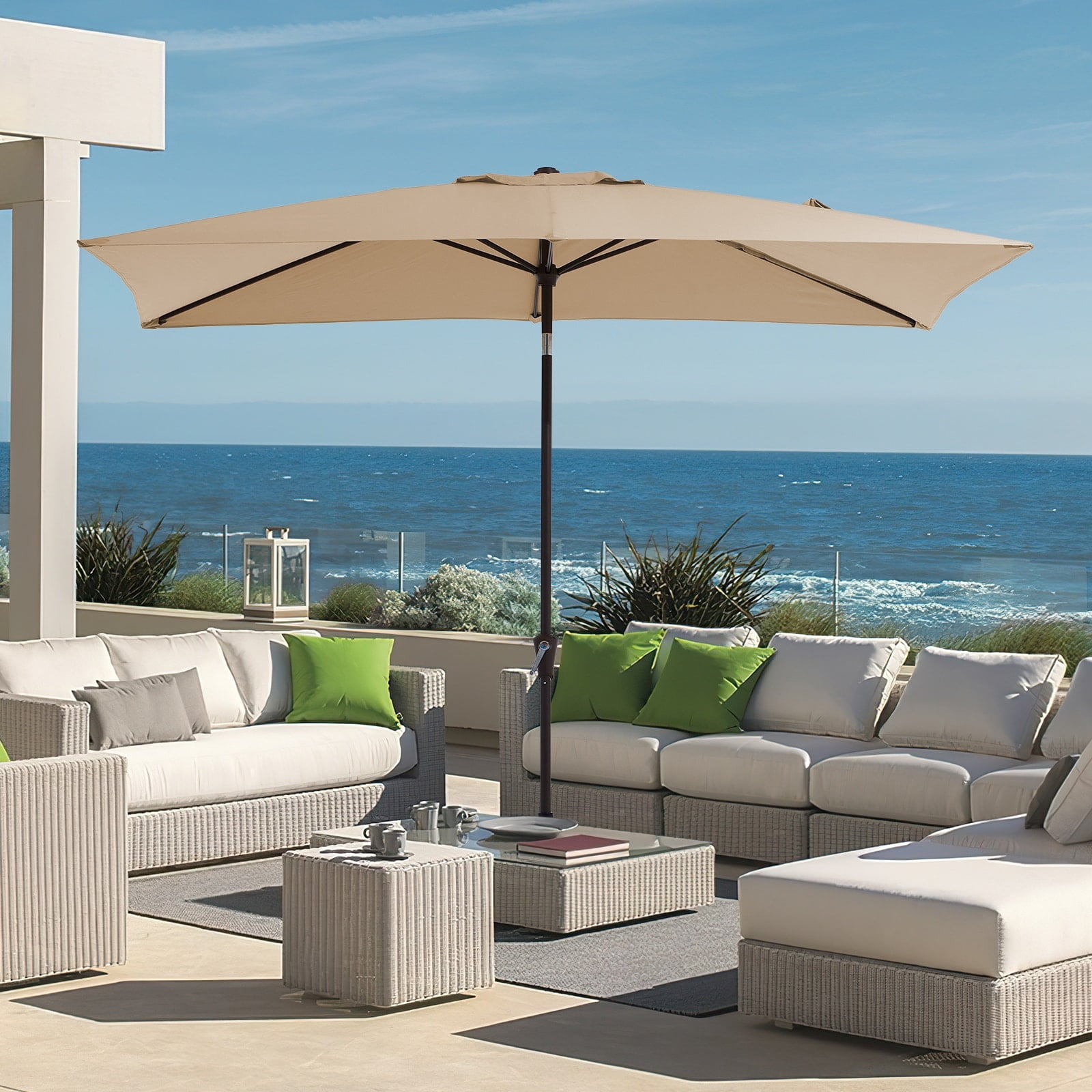Beige Steel Rectangular Patio Umbrella with Crank Lift