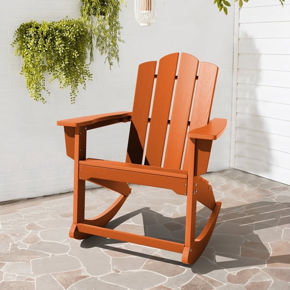 JEAREY Plastic Adirondack Rocking Chair,HDPE All-Weather Outdoor Rocking Adirondack Chair for Porch, Patio, Balcony,Dark Orange