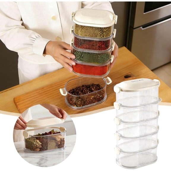 JEBTBFZE 5-Layer Stackable Food Storage Containers with Lids, Condiment & Fruit Organizer Canister for Fridge Kitchen (Beige)