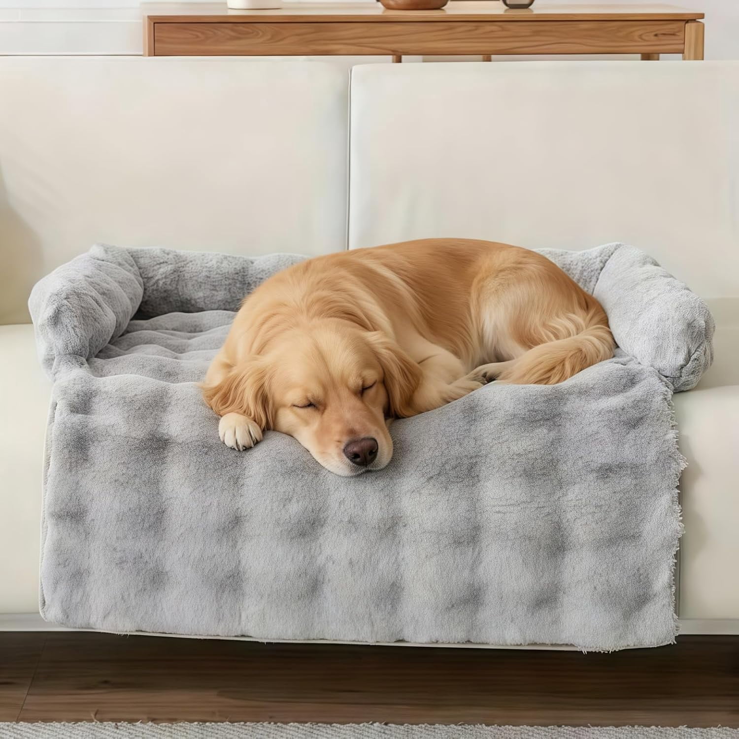 JEBTBFZE Cloud Pet Sofa Bed for Couch, Comfort Non-Slip Washable Fluffy Plush Pet for Furniture Protector for Medium & Small Dogs (Light Gray)