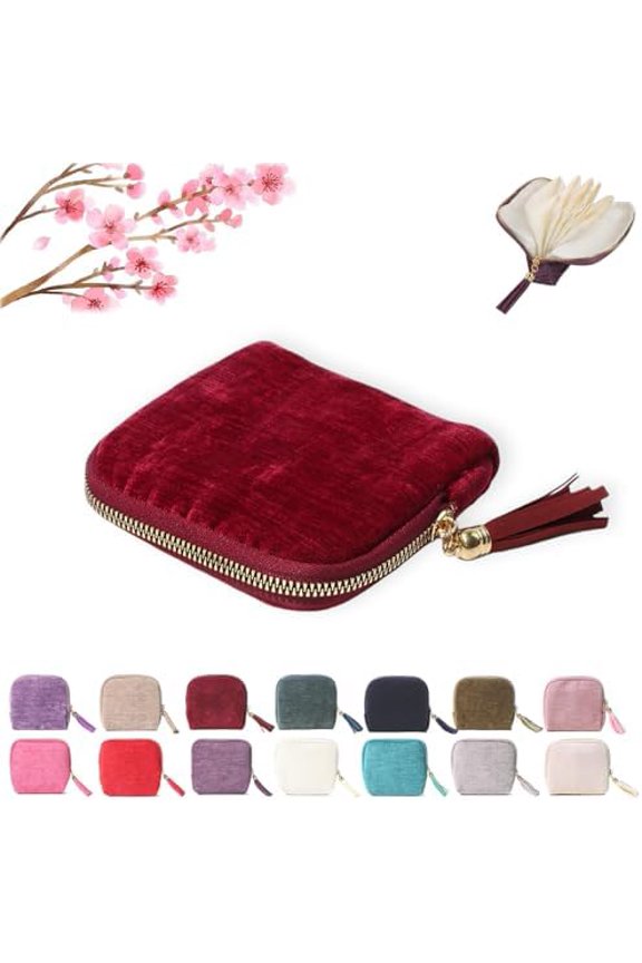 Jewelry Zippered Pocket Case, Mini Soft Zipper Bag with Tassel, 5 Compartments for Bracelets, Necklaces & Rings (Dark Red)