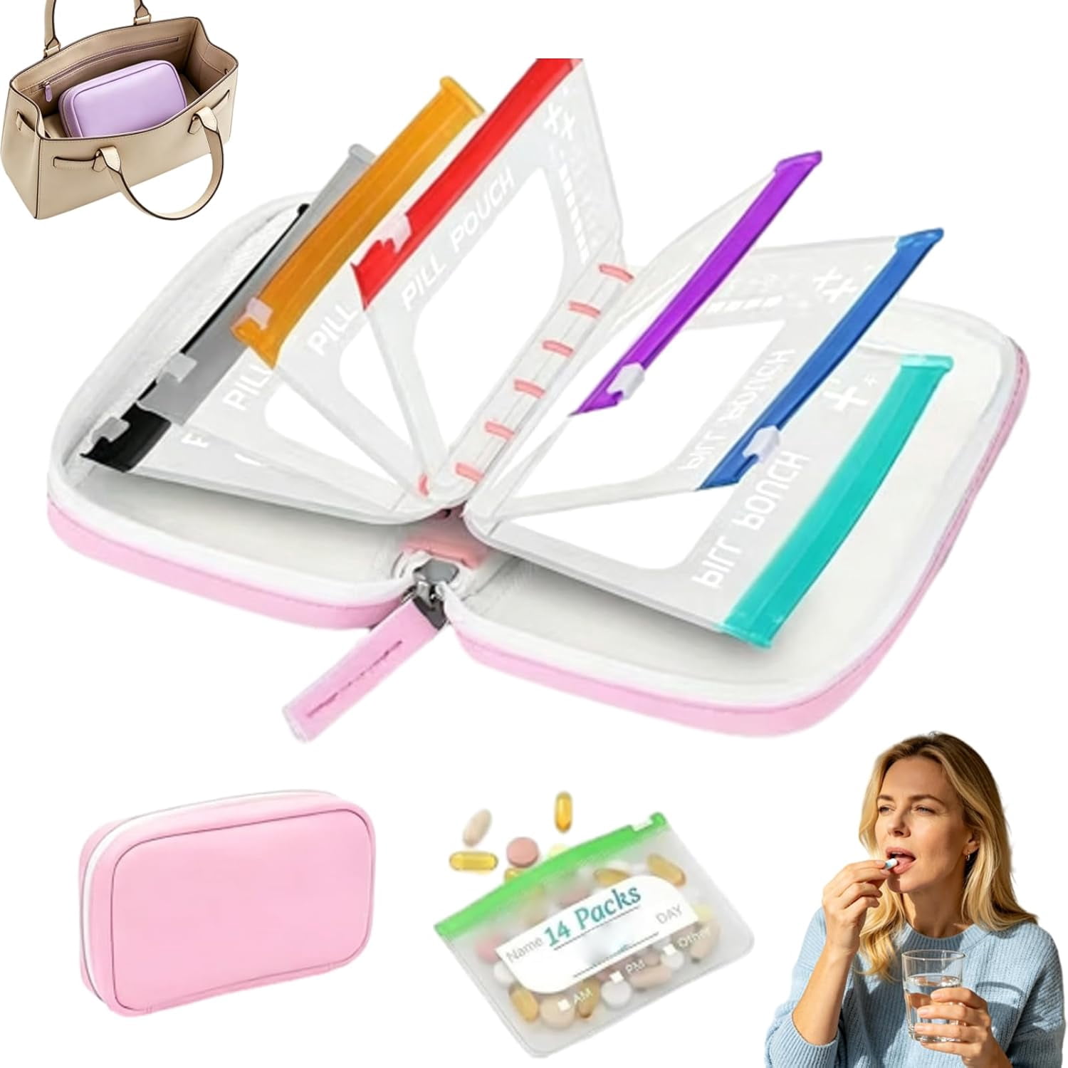 JEBTBFZE Waterproof Pill Organizer Set, Pill Pouches for Travel, with 14 Color-Pill Pouches, 7–14 Day Travel Pill Organizer, Portable Reusable Binder Design Zippered Pill Storage  (Pink)